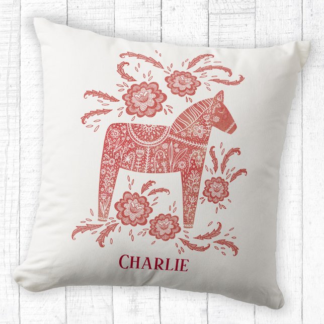 Svenska Dala Horse Art Personlig Kudde (Personalized name Swedish Dala Horse red and white pillow)