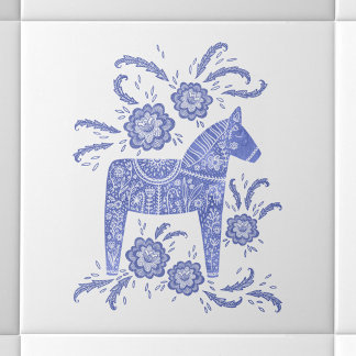 Svenska Dala Horse Blue and White Ceramic Tile Kakelplatta