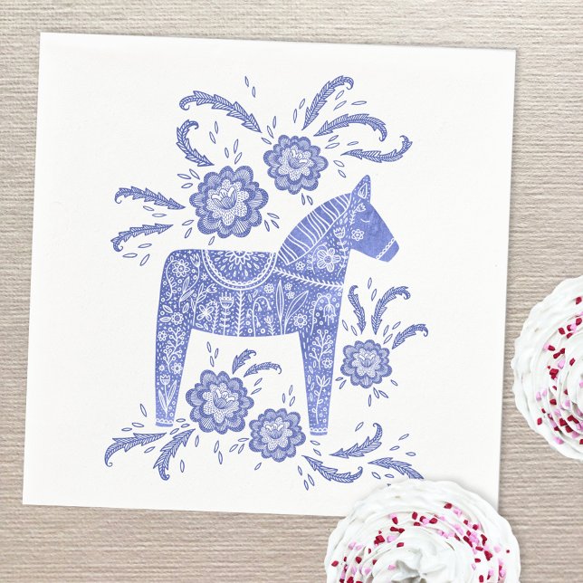 Svenska Dala Horse Blue and White Pappersservett (Swedish Dala Horse art paper napkin blue and white)