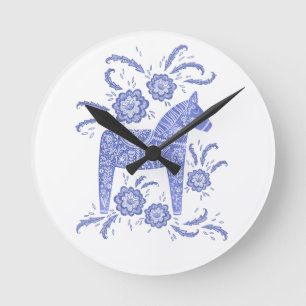 Svenska Dala Horse Blue and White Round Clock Rund Klocka