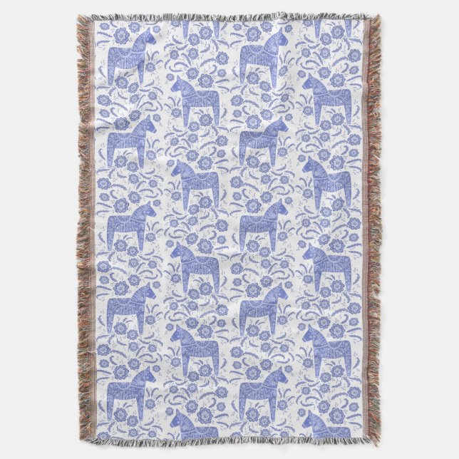 Svenska Dala Horse Blue and White Throw Blanket Filt (Framsidan Vertikal)