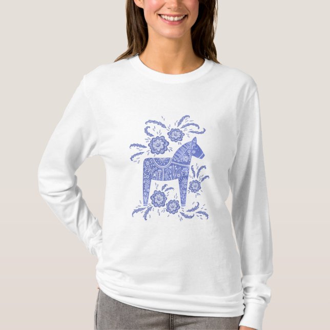 Svenska Dala Horse Blue och White T-Shirt (Framsida)