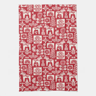 Svenska Dala Horse Collage in Red Kökshandduk
