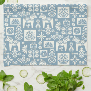 Svenska Dala Horse Collage in Slate Blue Kökshandduk