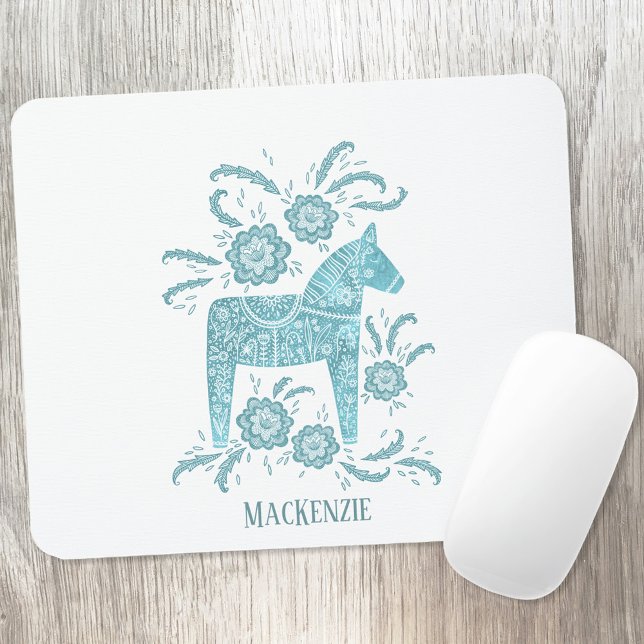 Svenska Dala Horse Custom Name Teal Musmatta (Swedish Dala Horse personalized name teal green art mousemat)