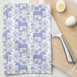 Svenska Dala Horse Folk Art Blue Kitchen Towel Kökshandduk