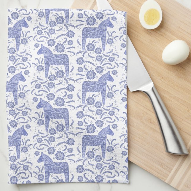 Svenska Dala Horse Folk Art Blue Kitchen Towel Kökshandduk (Swedish Dala horse blue and white folk art kitchen towel)