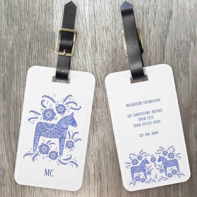Svenska Dala Horse Folk Art Blue & White Anpassnin Bagagebricka (Blue and white Swedish Dala Horse personalized monogram initial luggage tag)