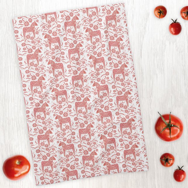 Svenska Dala Horse Folk Art Mönster Kökshandduk (Swedish Dala horse red and white folk art kitchen towel)