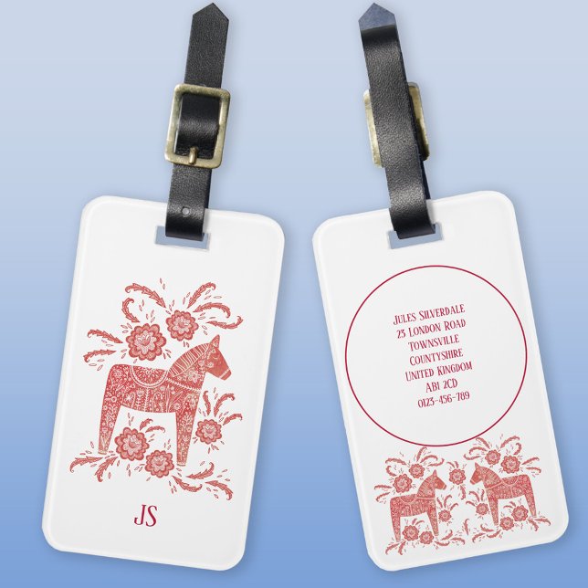 Svenska Dala Horse Folk Art Red White Bagagebricka (Swedish Dala Horse red and white folk art luggage tag)