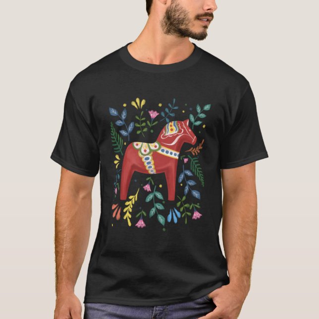 Svenska Dala Horse Folk Art Sverige Flagga Dalahel T Shirt (Framsida)