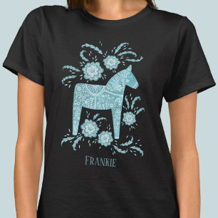 Svenska Dala Horse Folk Art Teal-eget namn T Shirt