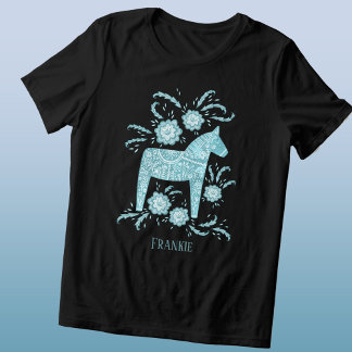 Svenska Dala Horse Folk Art Teal-eget namn T Shirt