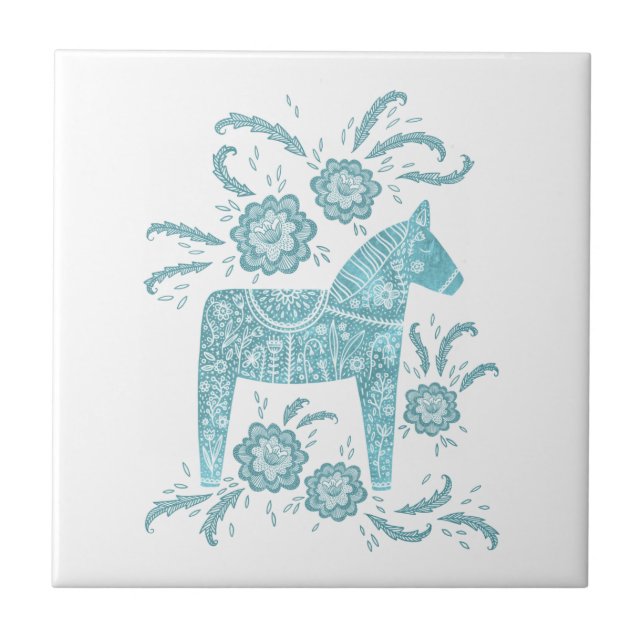 Svenska Dala Horse Grönt and White Ceramic Tile Kakelplatta (Framsidan)