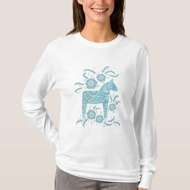 Svenska Dala Horse Grönt och White T-Shirt (Framsida)