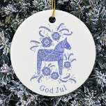 Svenska Dala Horse Gud Jul Blue White Julgransprydnad Keramik<br><div class="desc">Festiv blå och vit målning av en svensk Dala Horse. Ändra eller ta bort gud Jul hälsning för att anpassa sig. Originalkonst av Nic Squirrell.</div>
