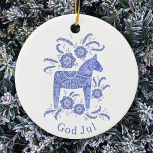 Svenska Dala Horse Gud Jul Blue White Julgransprydnad Keramik
