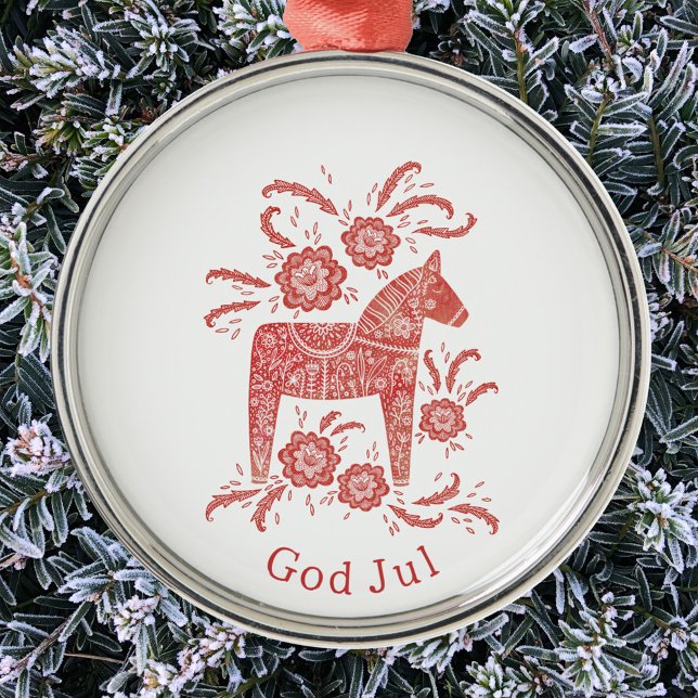 Svenska Dala Horse Gud Jul Julgransprydnad Metall (Swedish Dala Horse God Jul metal Christmas tree ornament)