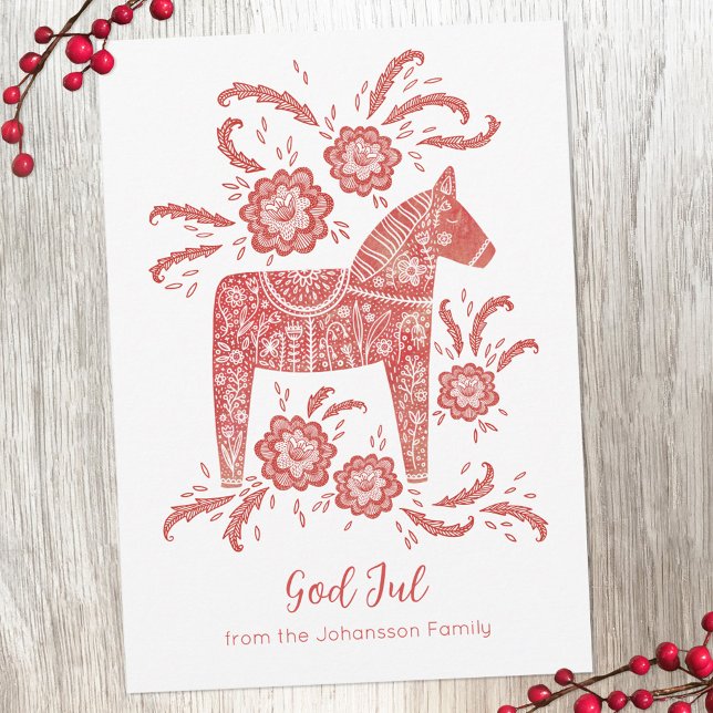 Svenska Dala Horse Gud Jul Julkort (God Jul personalized red and white Swedish Dala Horse holiday card)