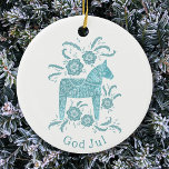 Svenska Dala Horse Gud Jul Teal White Julgransprydnad Keramik<br><div class="desc">Festiv teal grönt och vit målning av en svensk dala Horse. Ändra eller ta bort gud Jul hälsning för att anpassa sig. Originalkonst av Nic Squirrell.</div>