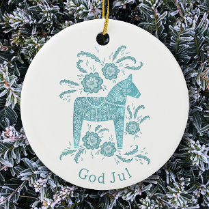 Svenska Dala Horse Gud Jul Teal White Julgransprydnad Keramik