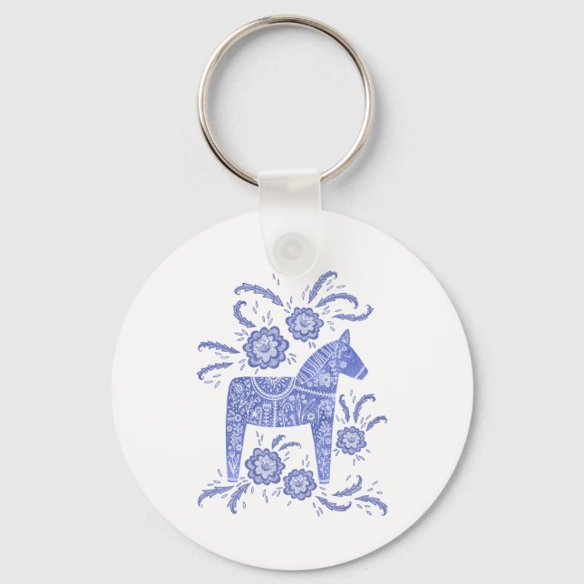 Svenska Dala Horse Indigo Blue och White Nyckelring (Framsida)
