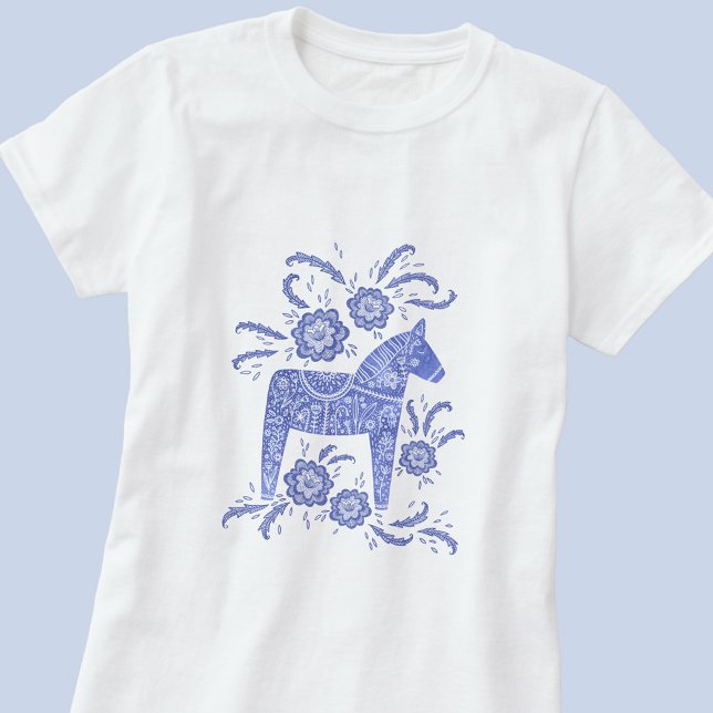 Svenska Dala Horse Indigo Blue T Shirt (Swedish Dala Horse blue and white art t-shirt)