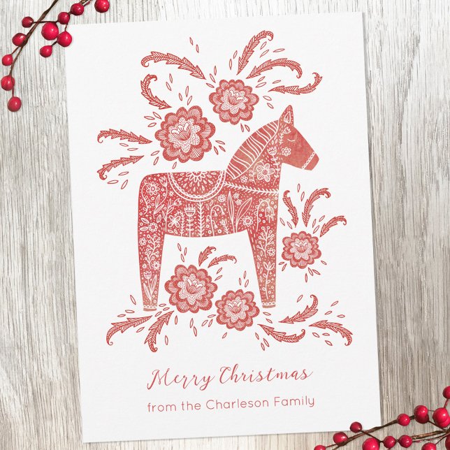 Svenska Dala Horse Julkort (Swedish Dala Horse red and white personalized Christmas holiday card)