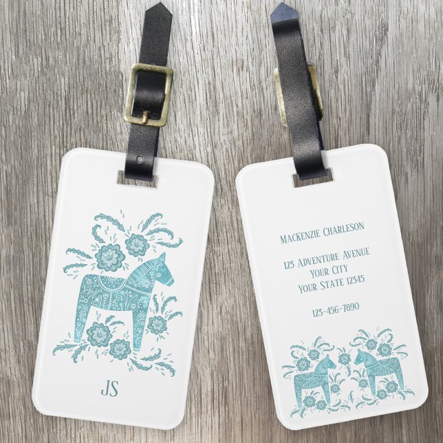 Svenska Dala Horse Monogram Bagagebricka (Teal green Swedish Dala Horse personalized luggage tag)