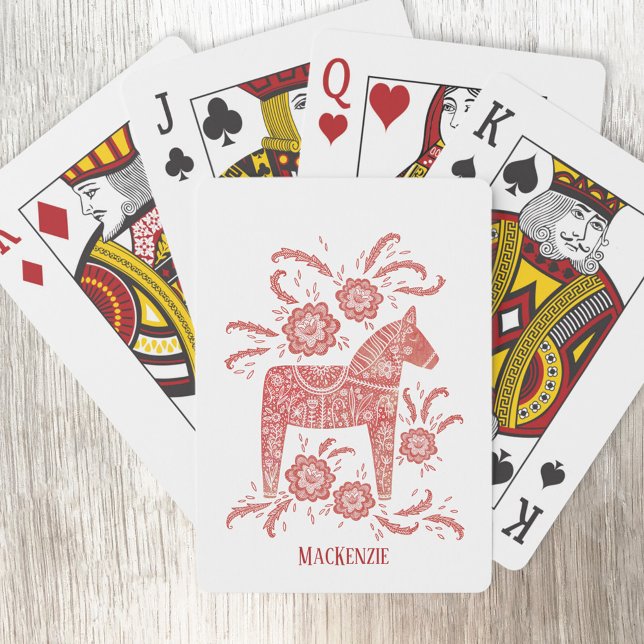 Svenska Dala Horse Personlig Casinokort (Swedish Dala Horse folk art red and white personalized name playing cards)