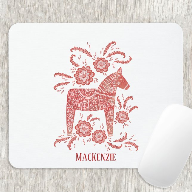 Svenska Dala Horse Personlig Musmatta (Swedish Dala Horse red and white personalized name mousemat)
