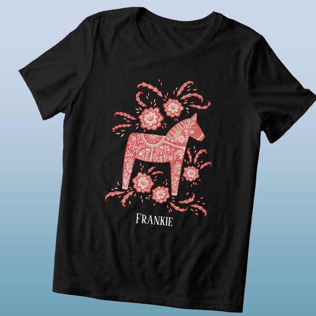 Svenska Dala Horse Personlig T Shirt (Red and white Swedish Dala Horse folk art personalized custom name triblend t-shirt)