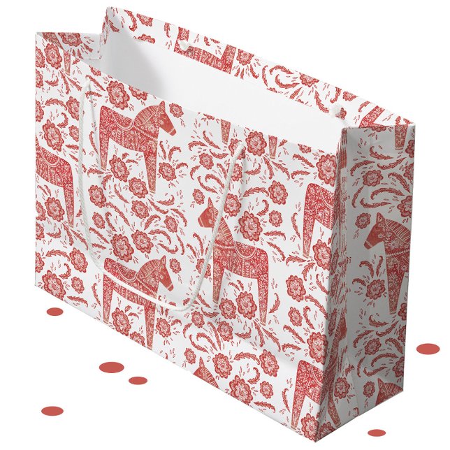 Svenska Dala Horse Red and White (Red and white Swedish Dala horse pattern large gift bag)