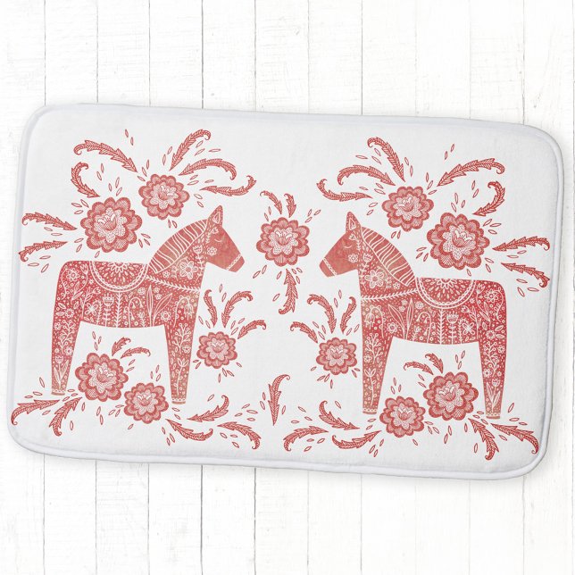 Svenska Dala Horse Red and White Badrumsmatta (Swedish Dala Horse folk art red and white bath mat)
