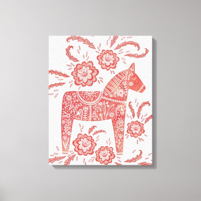 Svenska Dala Horse Red and White Folk Art Canvastryck (Framsida)