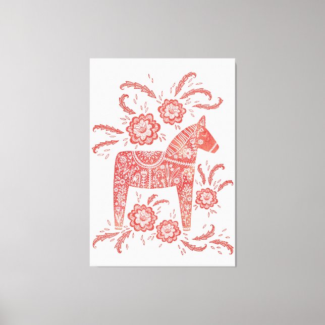 Svenska Dala Horse Red and White Folk Art Canvastryck (Framsida)