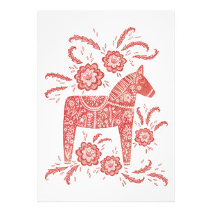 Svenska Dala Horse Red and White Folk Art Fototryck