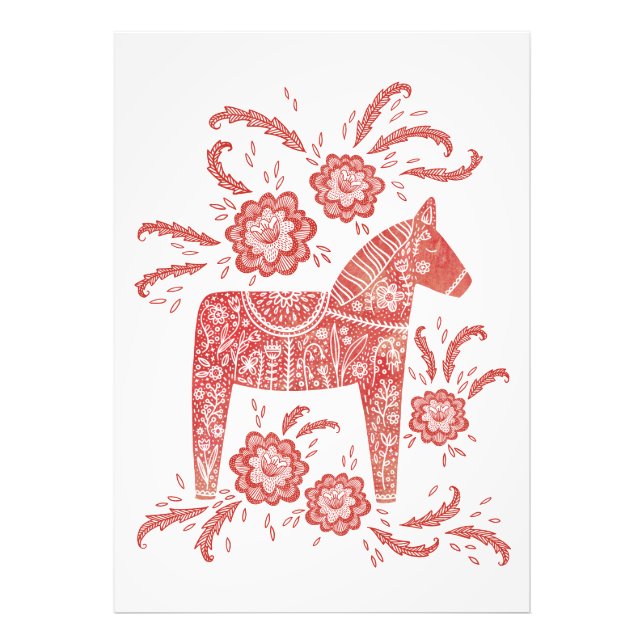 Svenska Dala Horse Red and White Folk Art Fototryck (Framsidan)