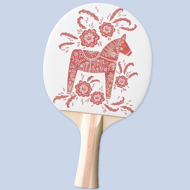 Svenska Dala Horse Red and White Folk Art Pingisracket (Swedish Dala Horse folk art ping pong paddle)