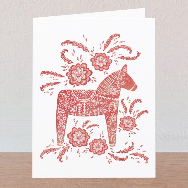 Svenska Dala Horse Red and White Hälsning Card Tack Kort (Swedish Dala Horse red and white folded greetings card with custom text)