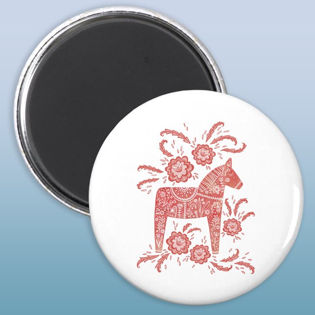 Svenska Dala Horse Red and White Magnet (Swedish Dala Horse red and white folk art magnet)
