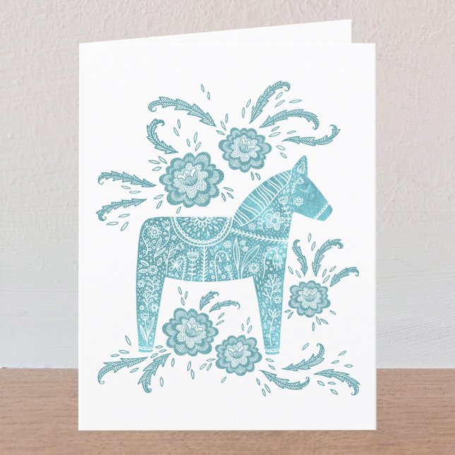 Svenska Dala Horse Teal and White Hälsning Card Tack Kort (Swedish Dala Horse teal green greetings card with custom text inside)