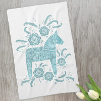 Svenska Dala Horse Teal and White Kitchen Towel