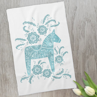 Svenska Dala Horse Teal and White Kitchen Towel Kökshandduk