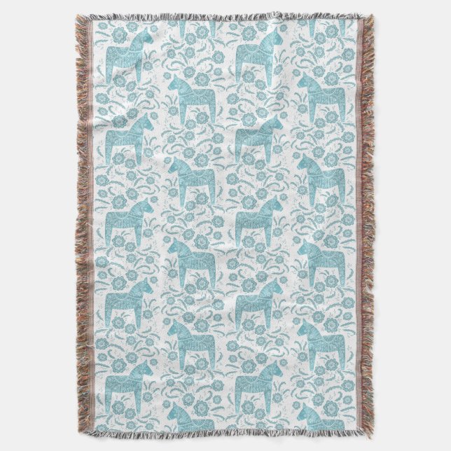 Svenska Dala Horse Teal and White Throw Blanket Filt (Framsidan Vertikal)