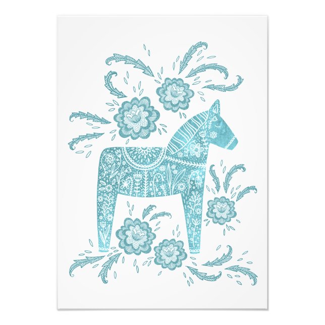 Svenska Dala Horse Teal Folk Art Fototryck (Framsidan)
