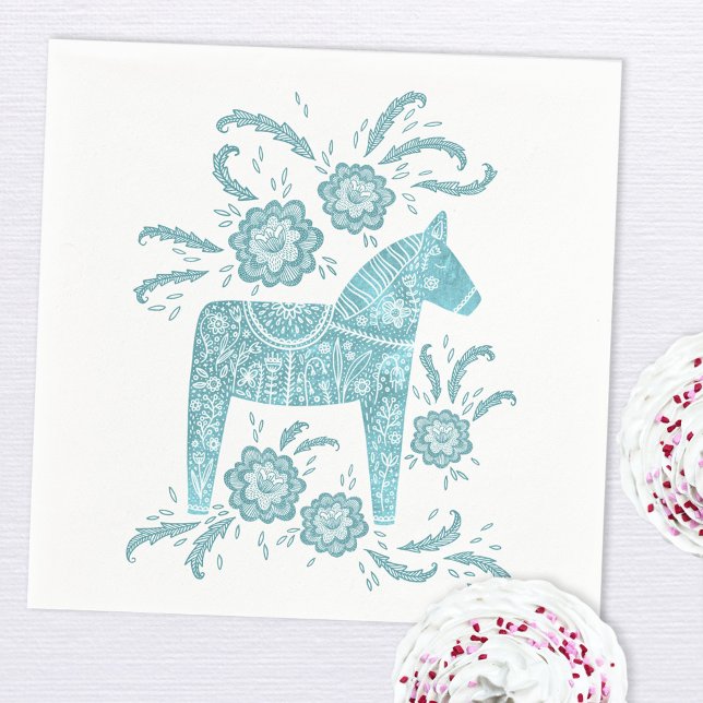 Svenska Dala Horse Teal Grönt and White Pappersservett (Swedish Dala Horse art paper napkin in teal green and white)