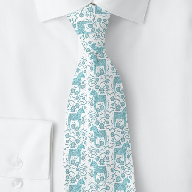 Svenska Dala Horse Teal Grönt och White FolArt Slips (Swedish Dala Horse folk art teal green neck tie)
