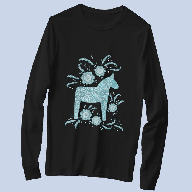 Svenska Dala Horse Teal Grönt Viking T Shirt (Swedish Dala Horse long sleeved t-shirt)
