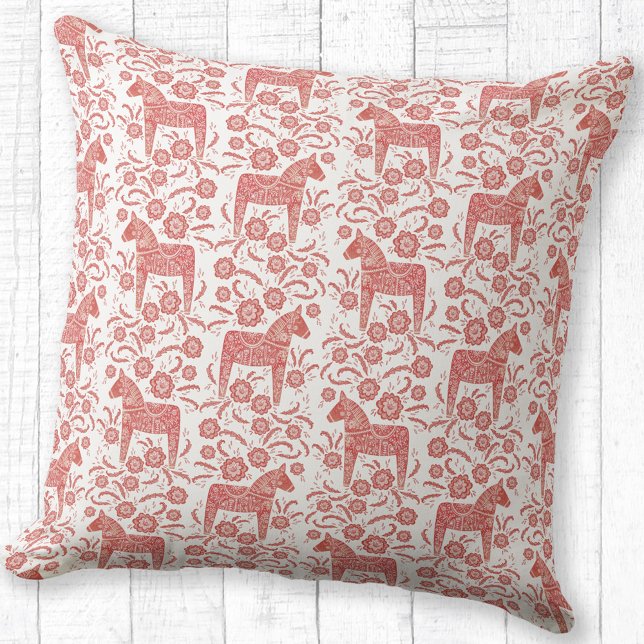 Svenska Dala Horse Traditional Folk Art Mönster Kudde (Swedish Dala Horse folk art red and white throw pillow)
